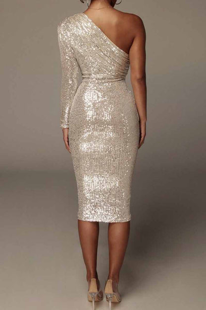 Sequins One Shoulder One Step Skirt Dresses