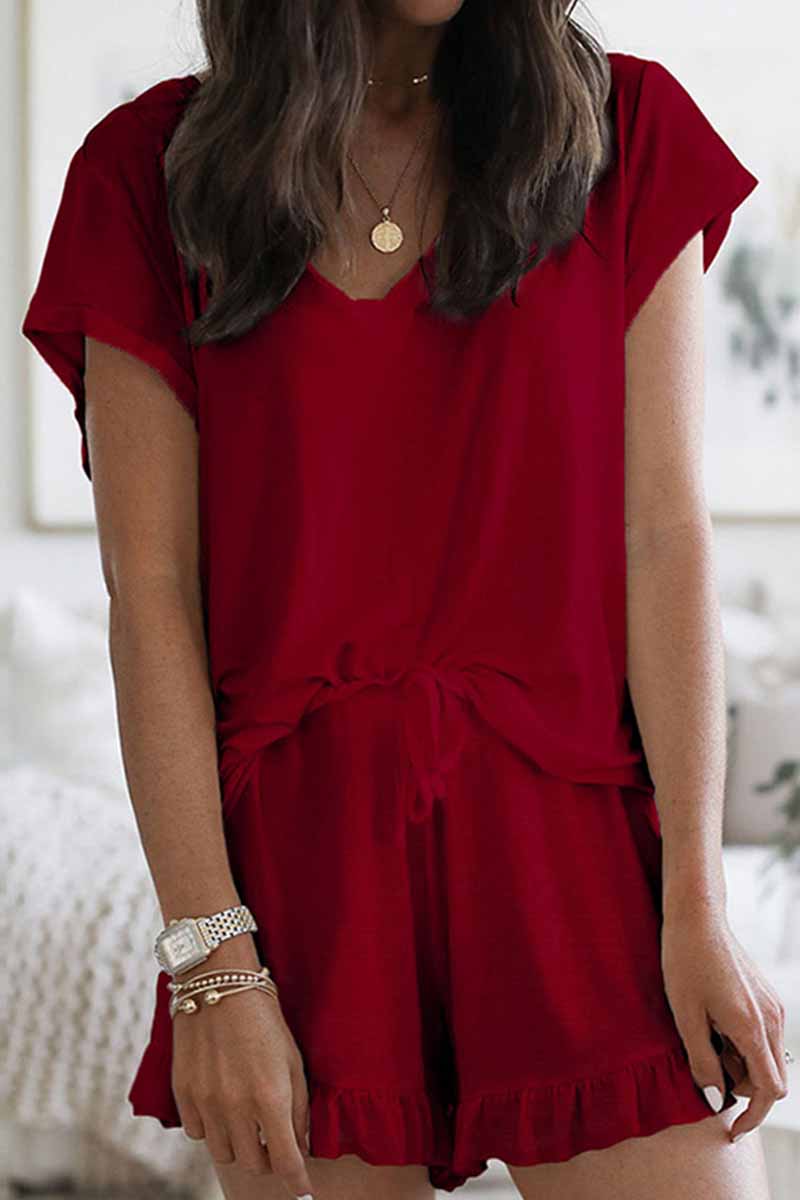 Street Living Patchwork V Neck Short Sleeve Two Pieces