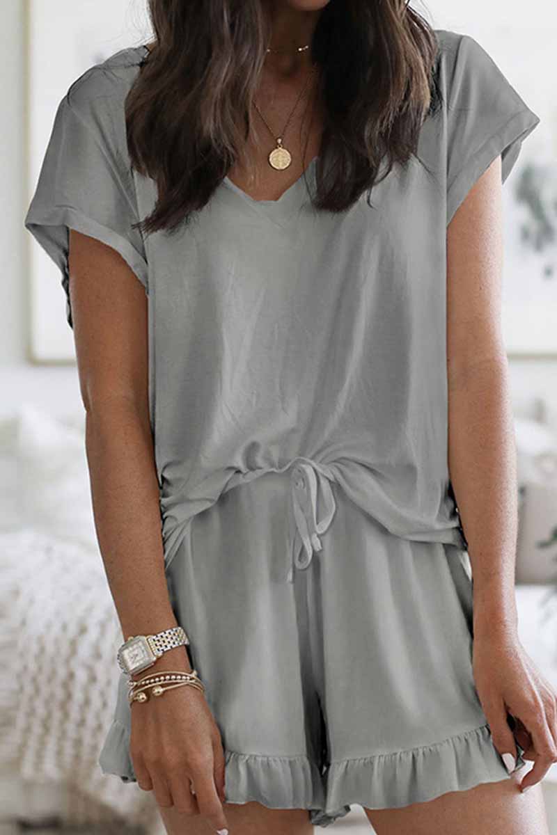 Street Living Patchwork V Neck Short Sleeve Two Pieces