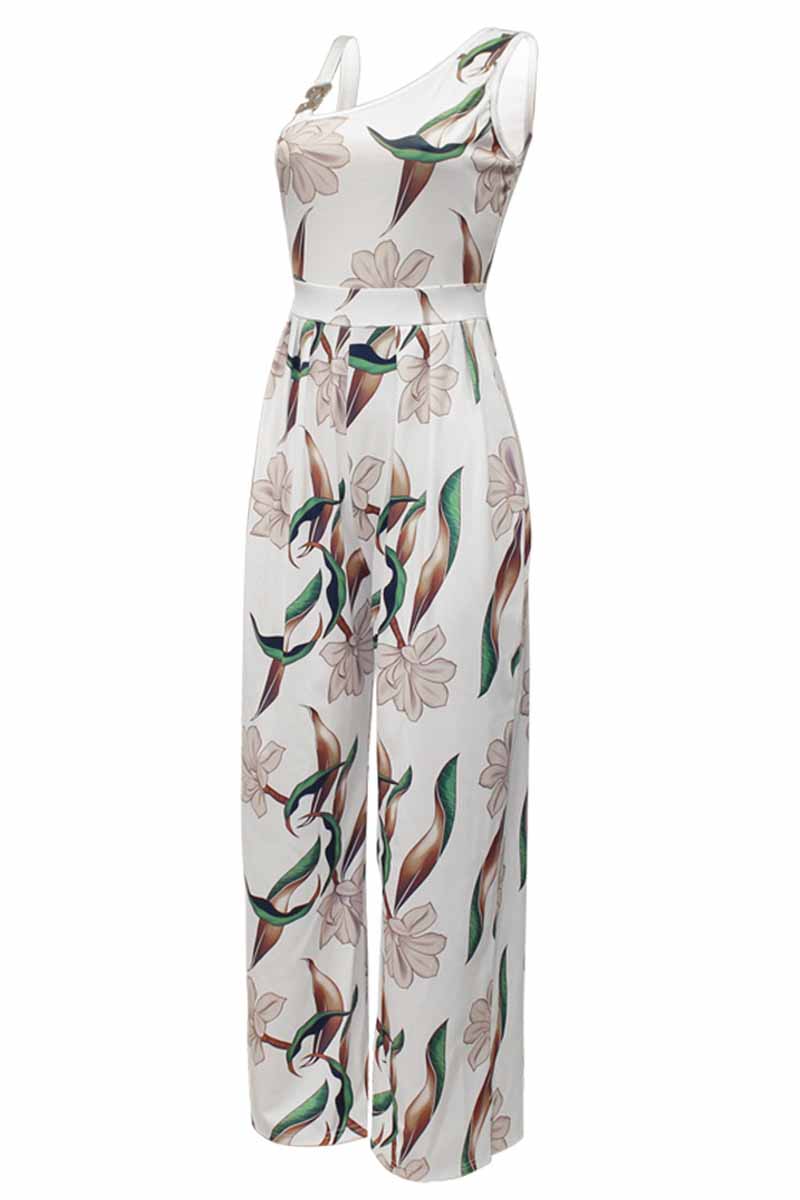 Print Patchwork Asymmetrical Collar Jumpsuits