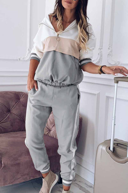 Patchwork Hooded Collar Long Sleeve Two Pieces