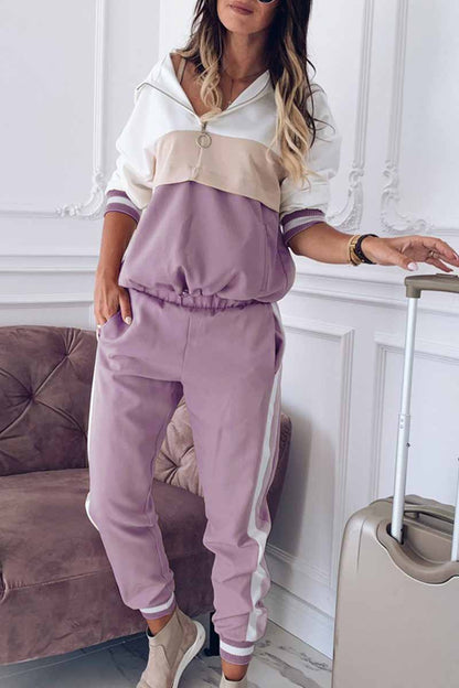 Patchwork Hooded Collar Long Sleeve Two Pieces