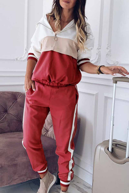 Patchwork Hooded Collar Long Sleeve Two Pieces