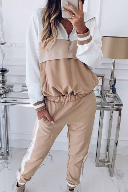 Patchwork Hooded Collar Long Sleeve Two Pieces