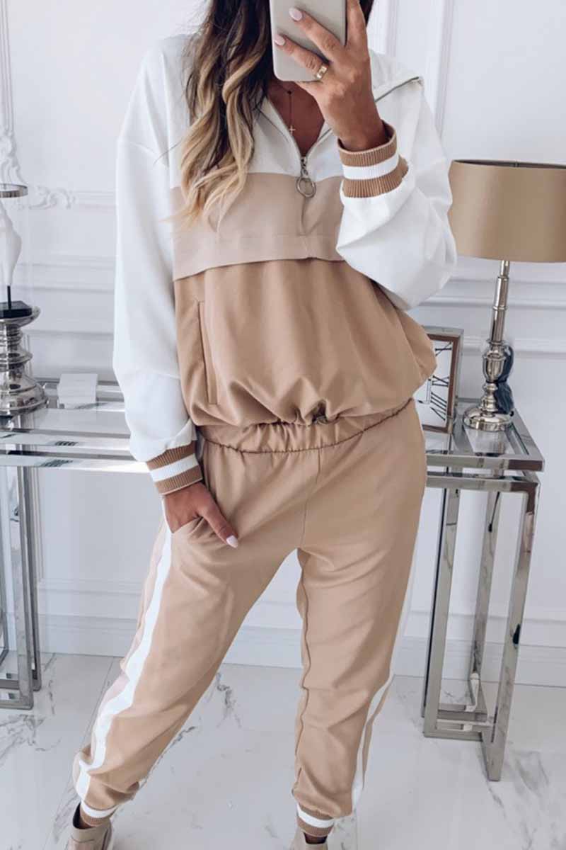 Patchwork Hooded Collar Long Sleeve Two Pieces