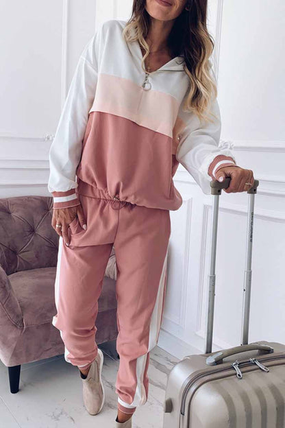 Patchwork Hooded Collar Long Sleeve Two Pieces