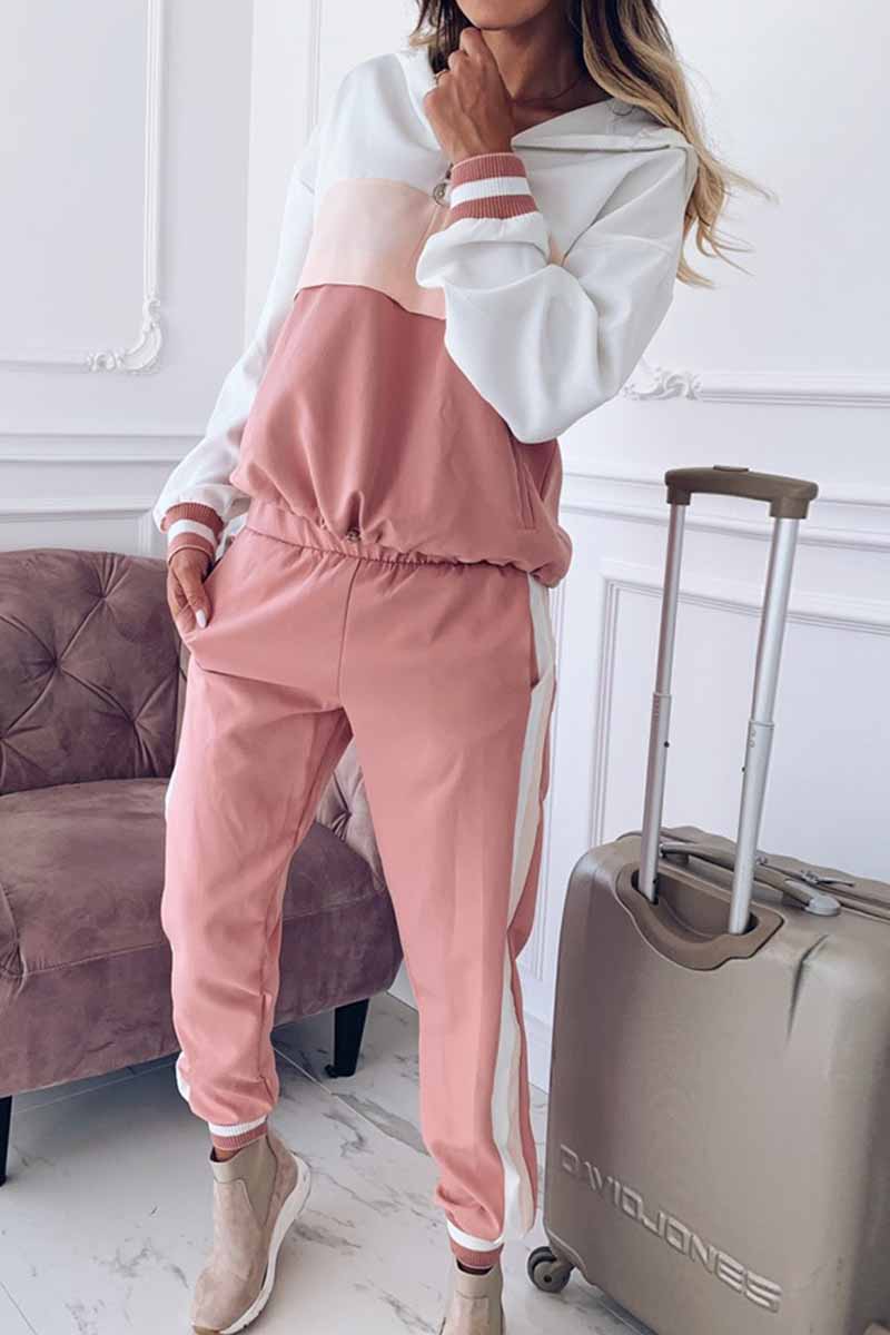 Patchwork Hooded Collar Long Sleeve Two Pieces