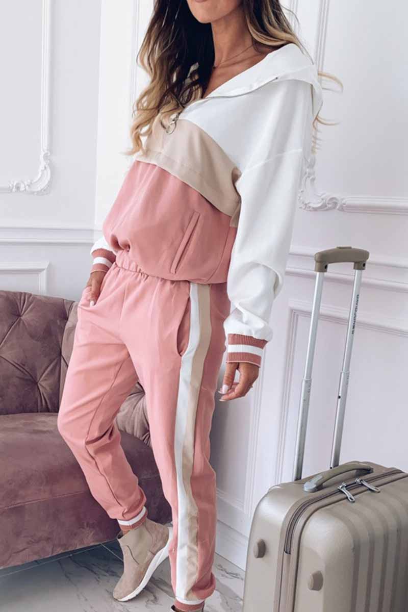 Patchwork Hooded Collar Long Sleeve Two Pieces