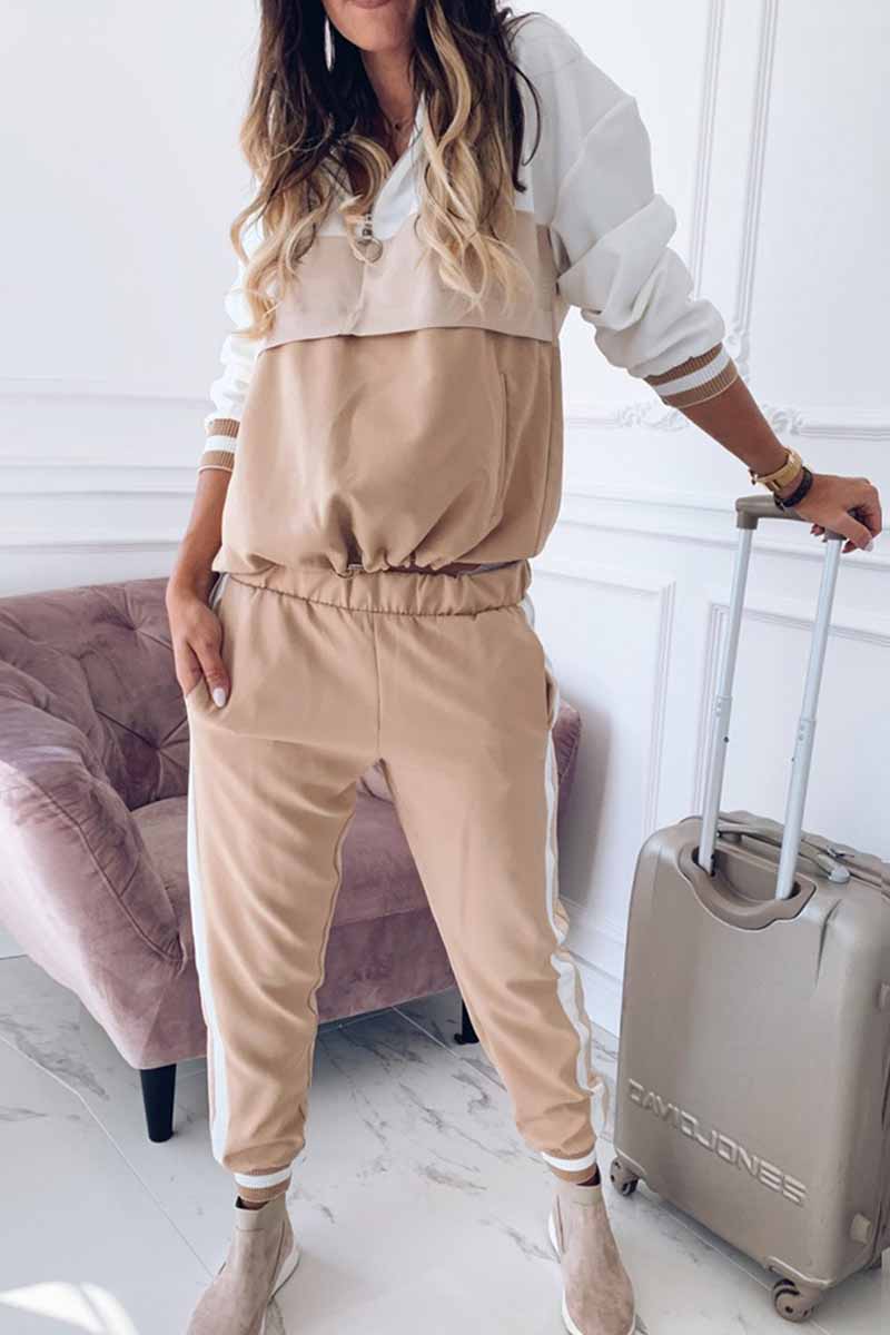 Patchwork Hooded Collar Long Sleeve Two Pieces