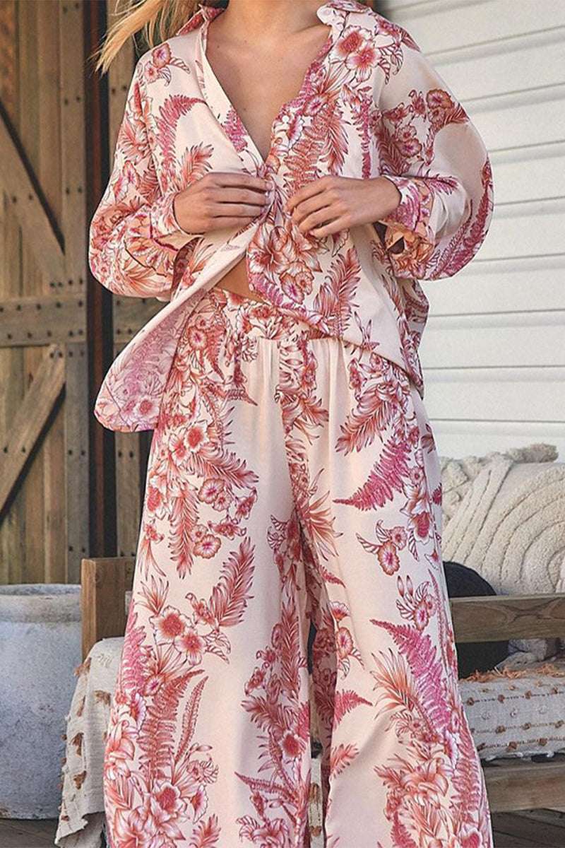 Print Pocket Turndown Collar Long Sleeve Two Pieces