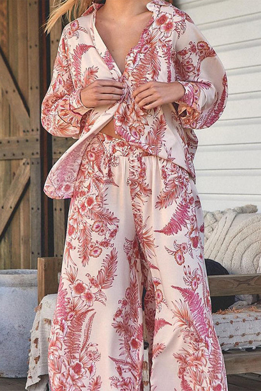 Print Pocket Turndown Collar Long Sleeve Two Pieces