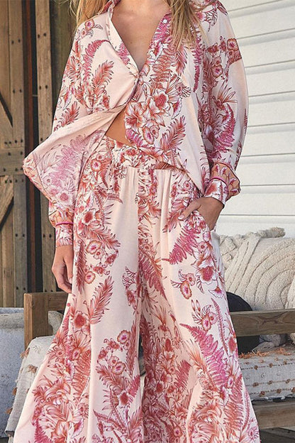 Print Pocket Turndown Collar Long Sleeve Two Pieces