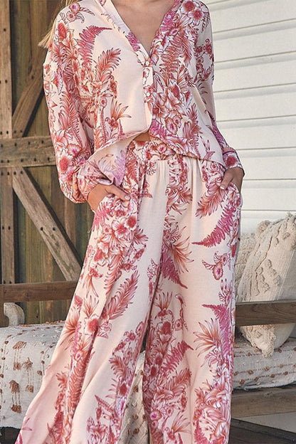 Print Pocket Turndown Collar Long Sleeve Two Pieces