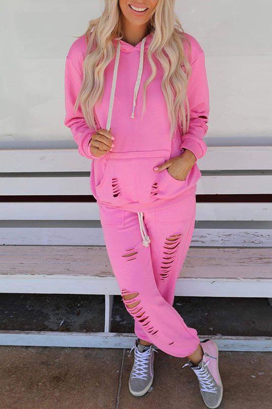 Ripped Pocket Hooded Collar Long Sleeve Two Pieces