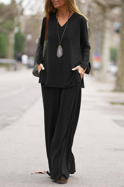 Pocket V Neck Long Sleeve Two Pieces