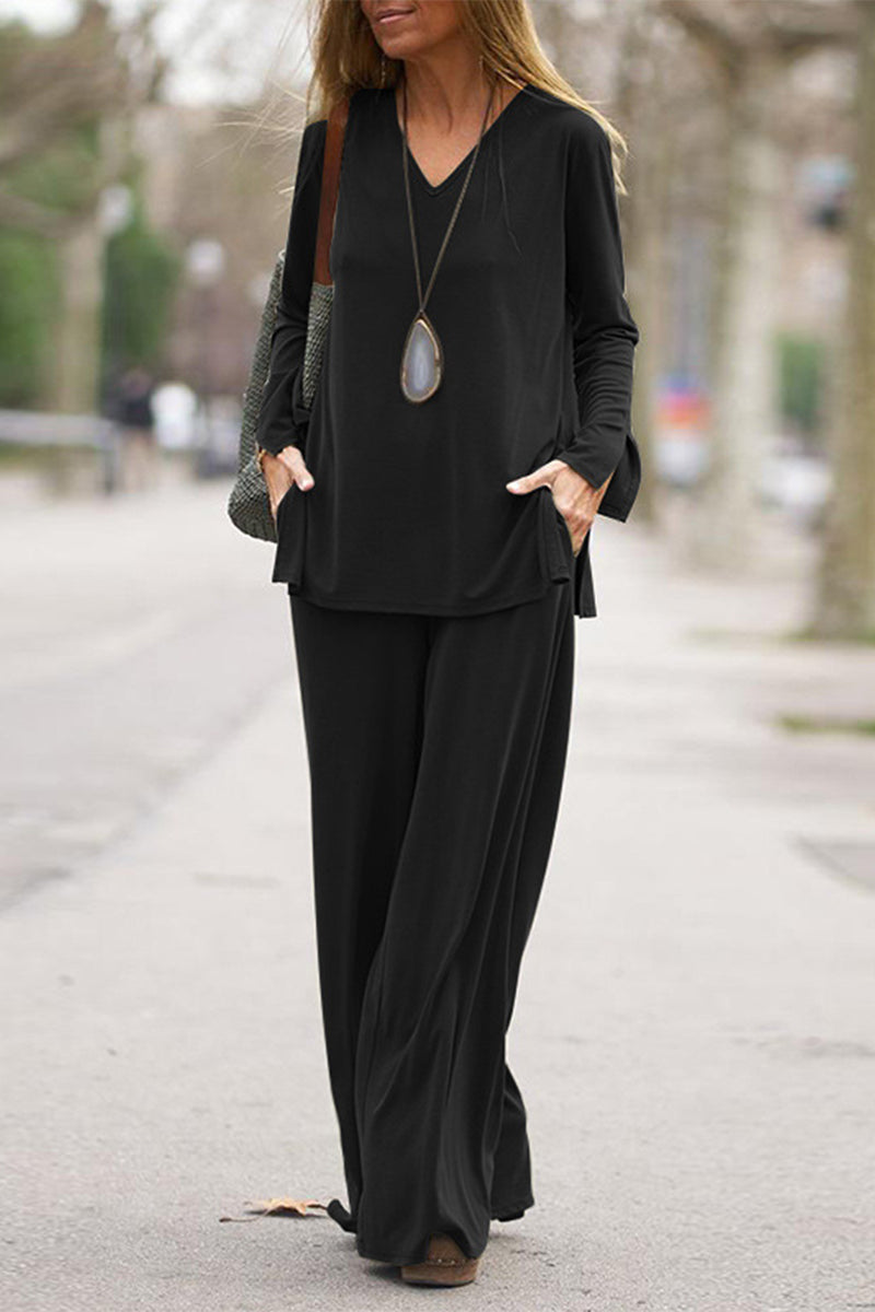 Pocket V Neck Long Sleeve Two Pieces