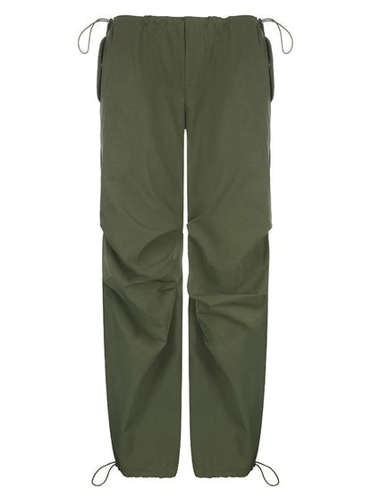 Green Oversize Parachute Cargo Pants With Drawstring