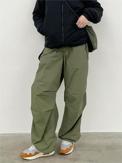 Green Oversize Parachute Cargo Pants With Drawstring