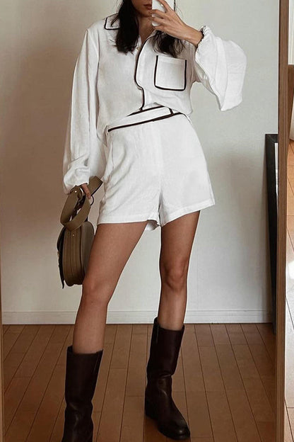 Daily Simplicity Pocket Contrast Turndown Collar Long Sleeve Two Pieces