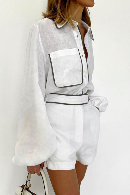 Daily Simplicity Pocket Contrast Turndown Collar Long Sleeve Two Pieces