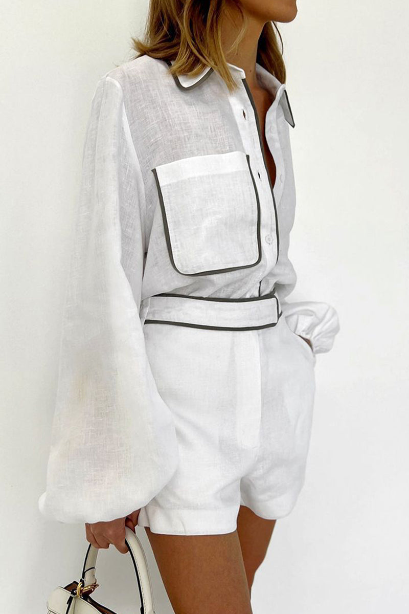 Daily Simplicity Pocket Contrast Turndown Collar Long Sleeve Two Pieces