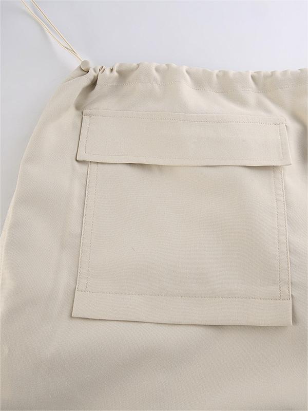 Beige Baggy Parachute Cargo Pants With Drawstring
