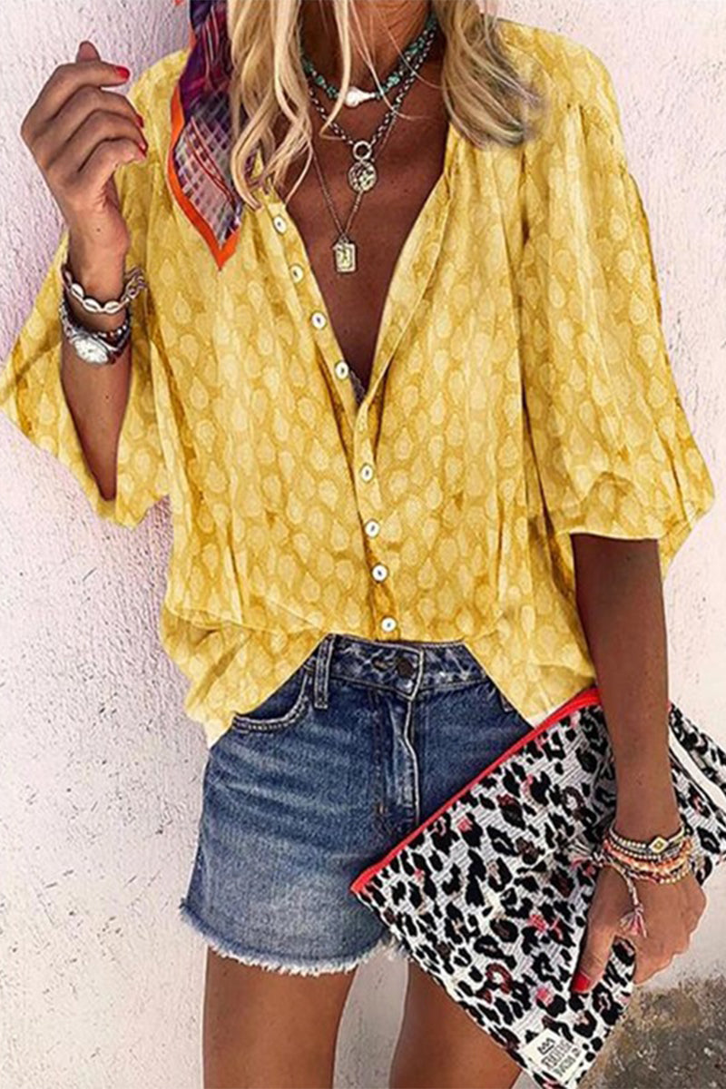 Print Buttons Turndown Collar Blouses(6 Colors)