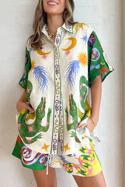 Print Patchwork Turndown Collar Short Sleeve Two Pieces