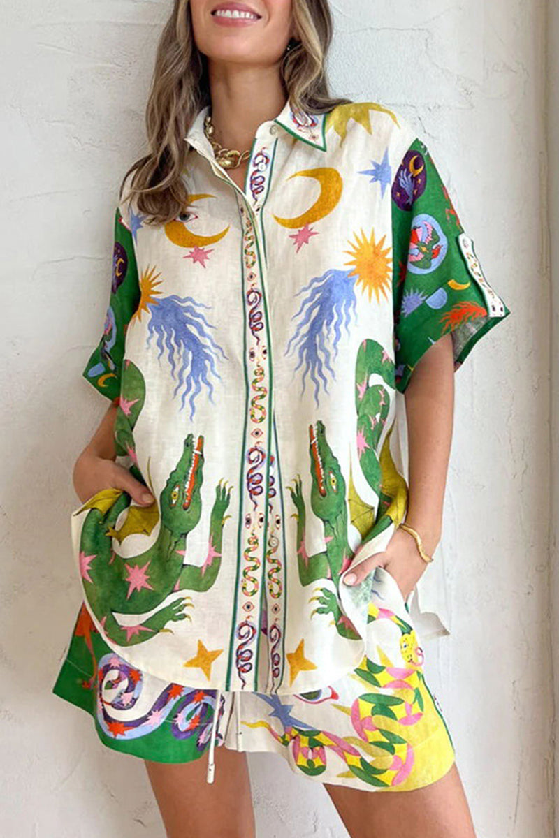 Print Patchwork Turndown Collar Short Sleeve Two Pieces