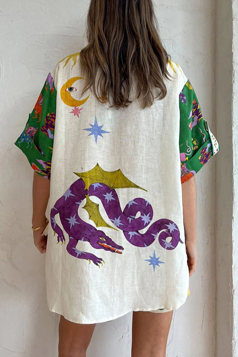 Print Patchwork Turndown Collar Short Sleeve Two Pieces