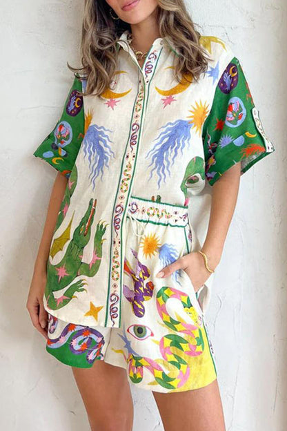 Print Patchwork Turndown Collar Short Sleeve Two Pieces