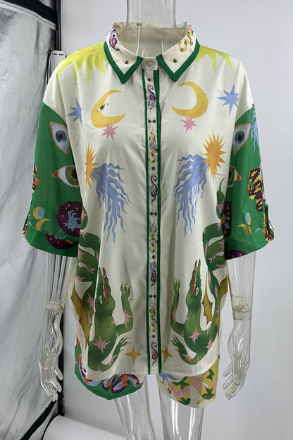 Print Patchwork Turndown Collar Short Sleeve Two Pieces