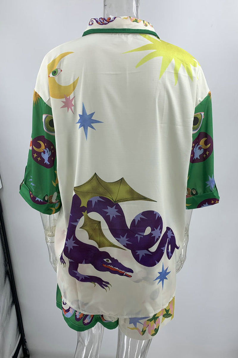 Print Patchwork Turndown Collar Short Sleeve Two Pieces