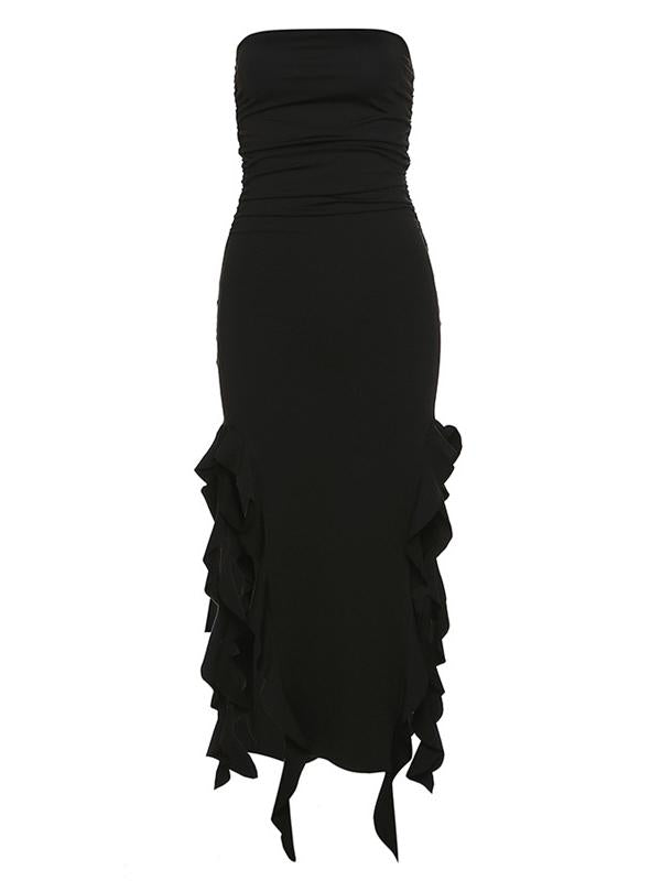 Black Strapless Maxi Dress With Ruffles