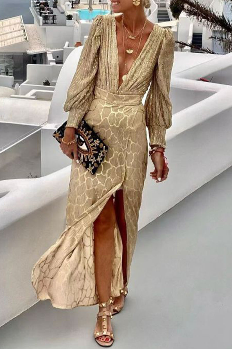 Print Slit V Neck Long Sleeve Two Pieces