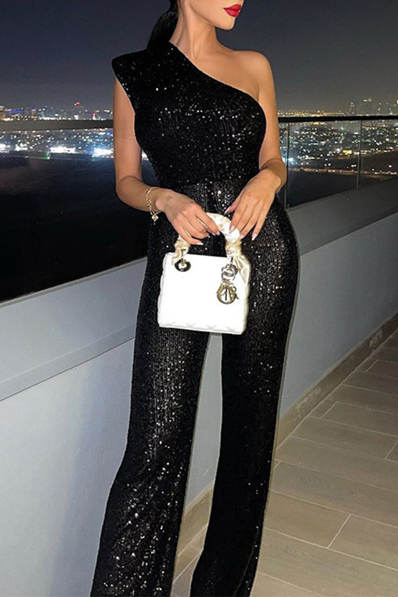 Sequins Oblique Collar Jumpsuits