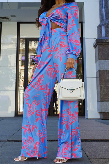 Patchwork V Neck Long Sleeve Two Pieces