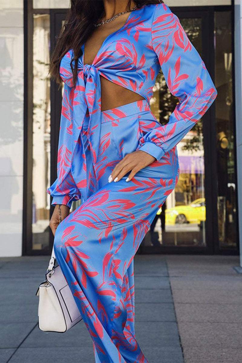 Patchwork V Neck Long Sleeve Two Pieces