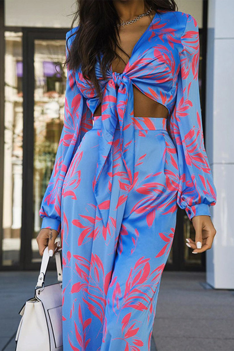 Patchwork V Neck Long Sleeve Two Pieces