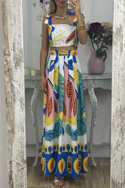Print Frenulum Square Collar Sleeveless Two Pieces
