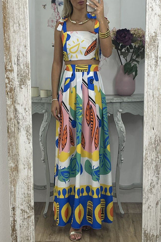 Print Frenulum Square Collar Sleeveless Two Pieces