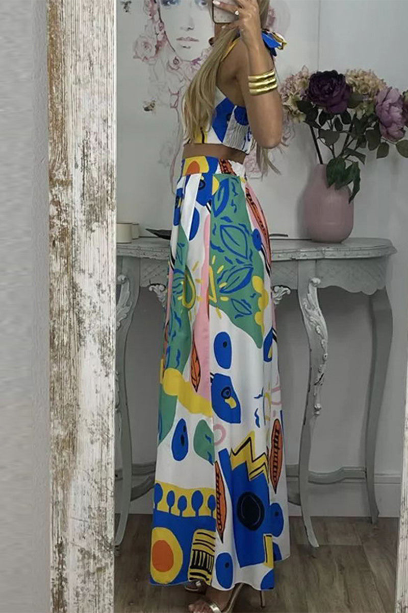 Print Frenulum Square Collar Sleeveless Two Pieces