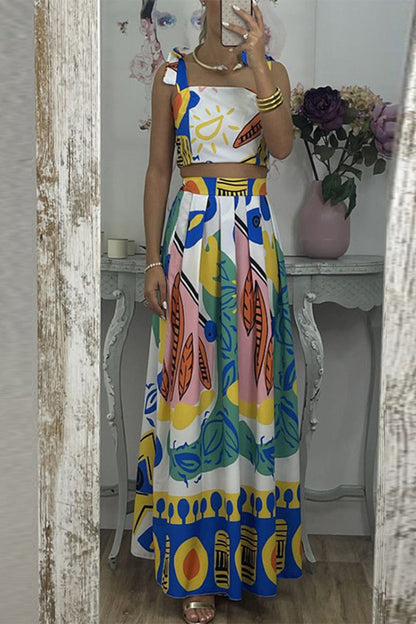 Print Frenulum Square Collar Sleeveless Two Pieces