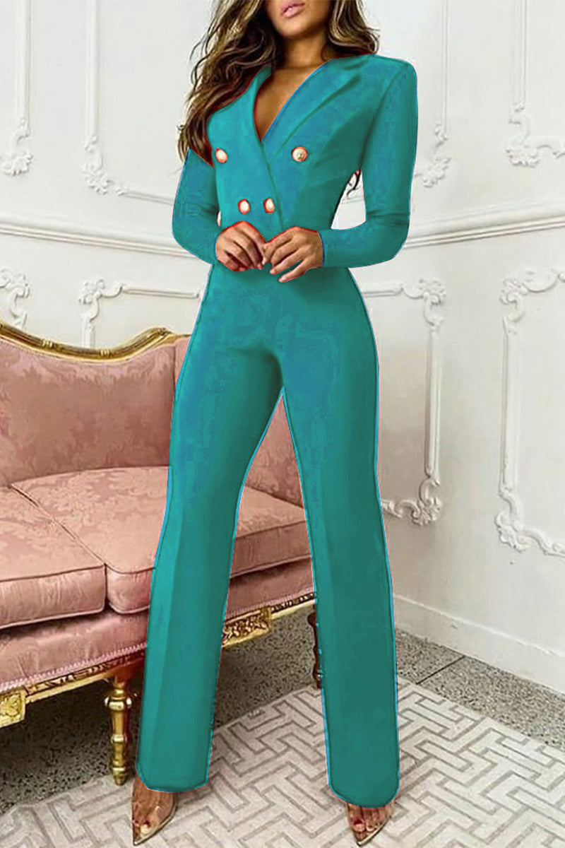 Buttons Turn-back Collar Regular Jumpsuits