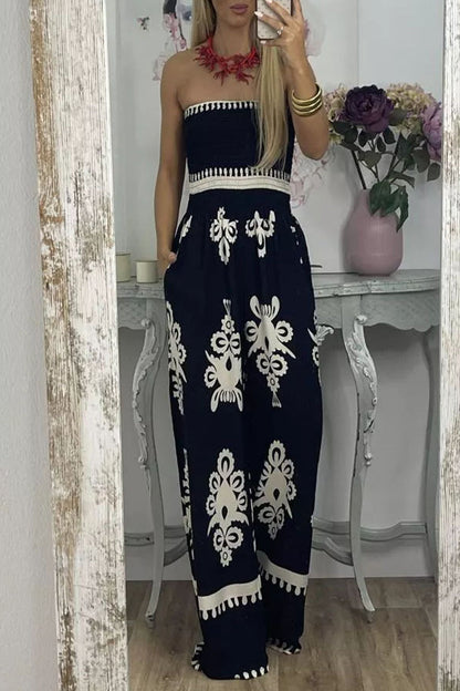 Print Pocket Strapless Loose Jumpsuits