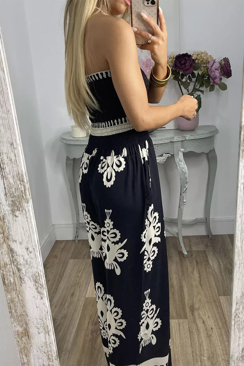 Print Pocket Strapless Loose Jumpsuits