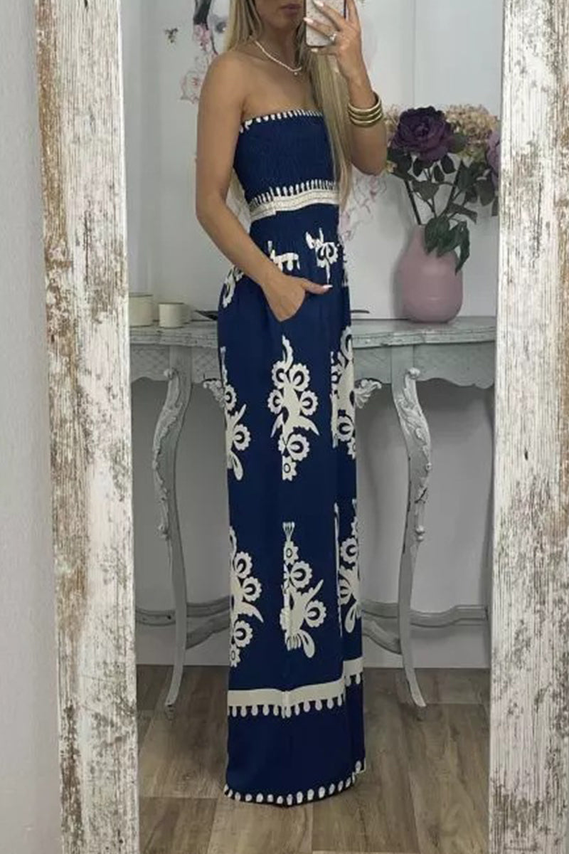Print Pocket Strapless Loose Jumpsuits