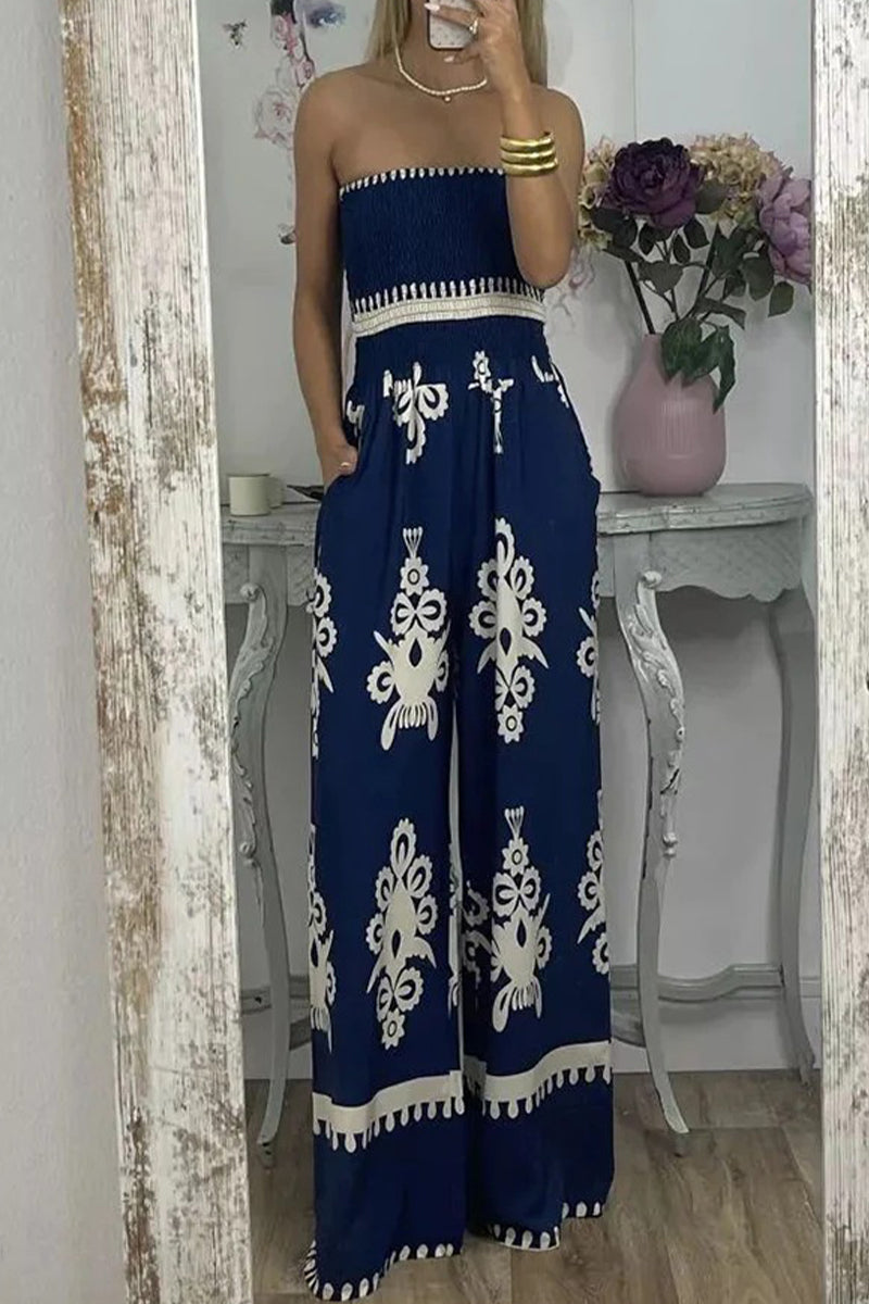 Print Pocket Strapless Loose Jumpsuits