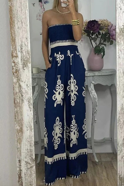 Print Pocket Strapless Loose Jumpsuits