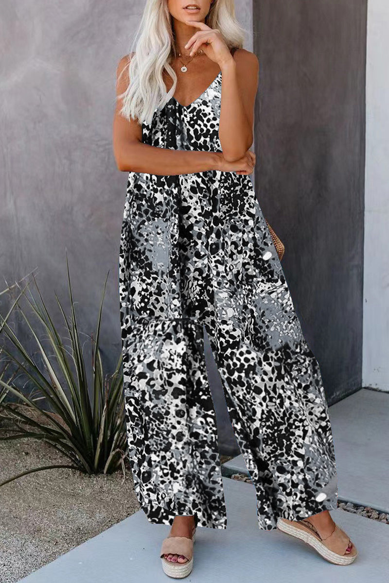 Street Print Pocket V Neck Loose Jumpsuits